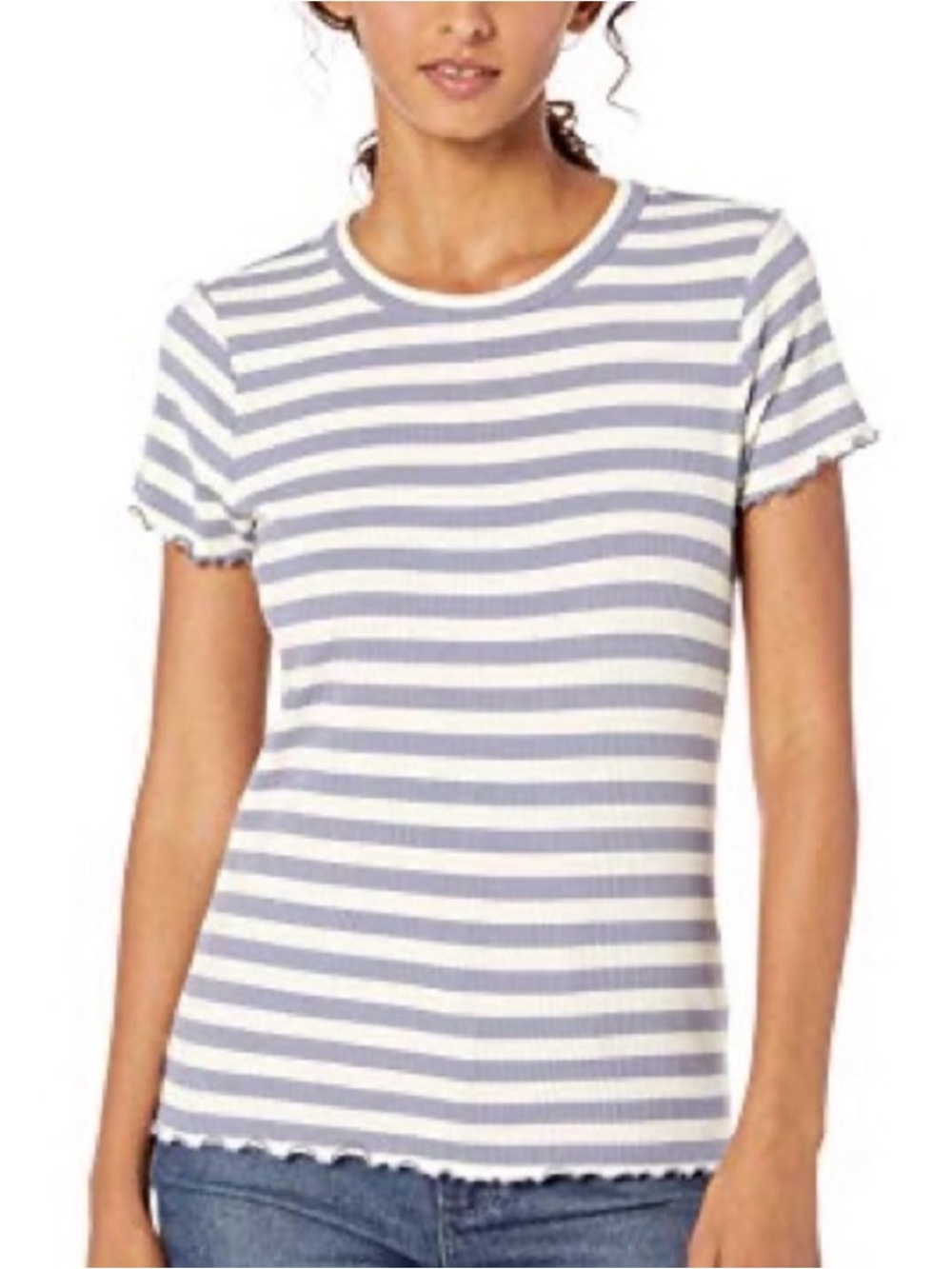 Paige—  Striped Ribbed Tee - Blue & White